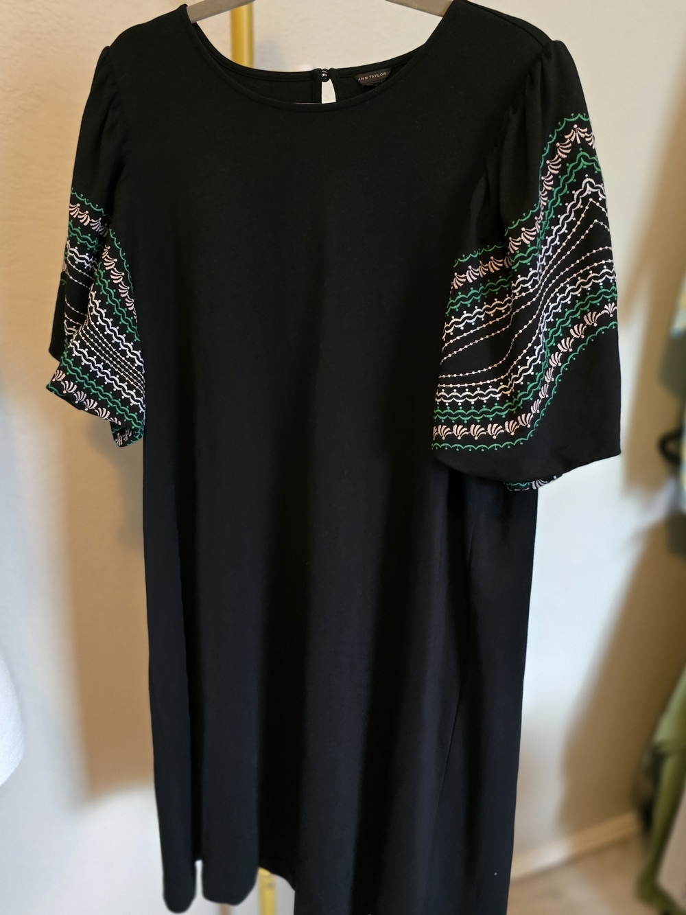 Ann Taylor Black Midi Dress with Embroidered Sleeves Size Missing ?Medium